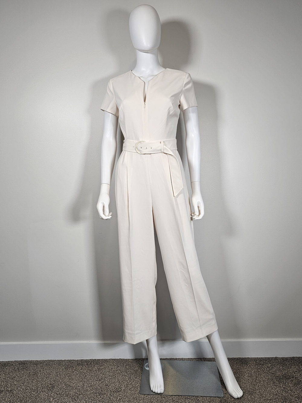Club Monaco Cream Short-Sleeve Belted Front & Back Zip Jumpsuit Sz 2